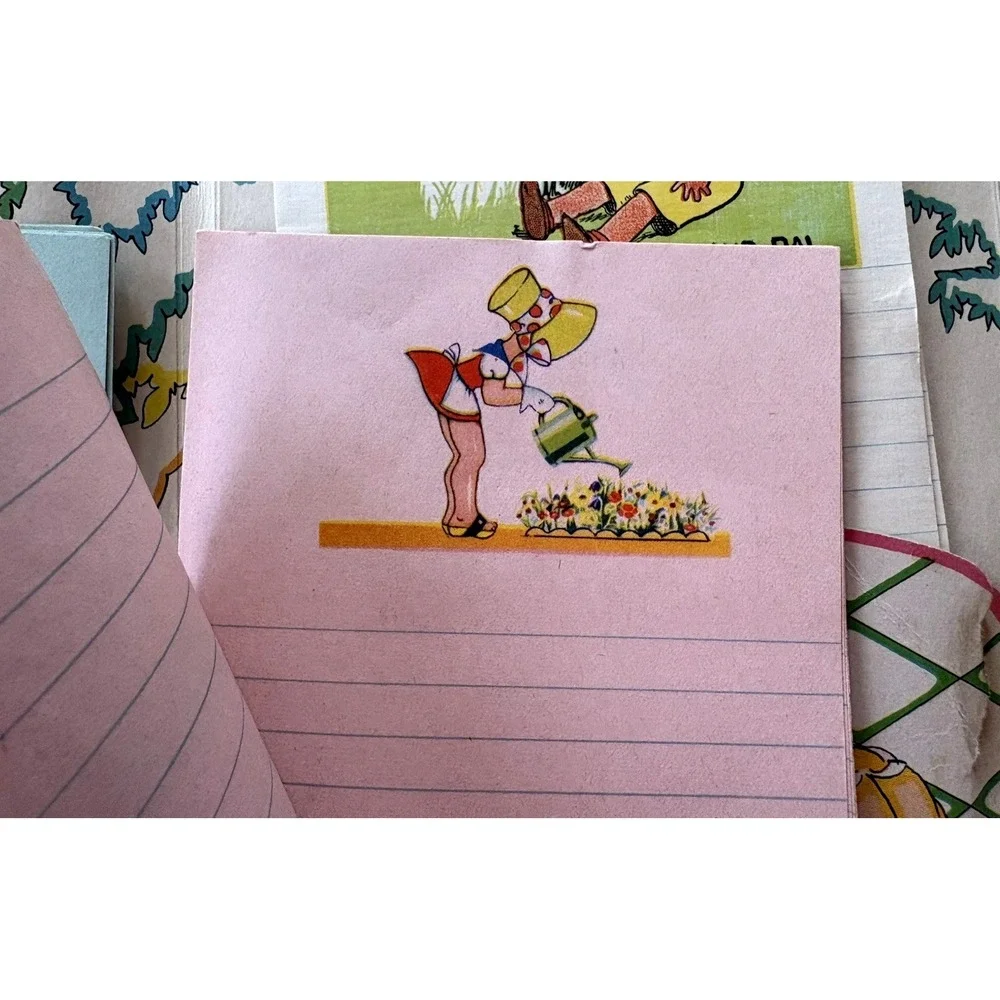 Vintage childrens stationery writing paper pink blue envelope Skeezix illus 1930